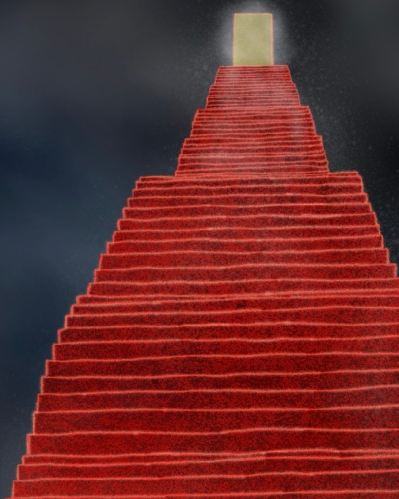 Dessin d'une vue en contreplongée d’un très long escalier rouge avec deux paliers et dont les marches sont inégales. Leur contour est orangé. L’escalier paraît flotter dans l’espace et tout en haut vers la droite de l’image se trouve un petit cadre de porte brun avec un arrière-plan jaune. La porte est entourée d’un halo lumineux. Le fond de l’image est noir chamoiré de gris et de bleu.