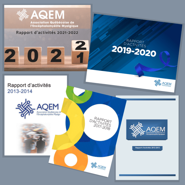 Différentes couvertures d'anciens rapports d'activités datant de 2013, 2014, 2017, 2019 et 2021.